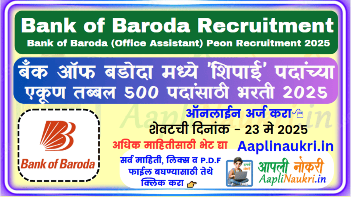 Bank of Baroda Recruitment Peon 2025: बँक ऑफ बडोदा मध्ये 'शिपाई' पदांच्या एकूण तब्बल 500 पदांसाठी भरती, पात्रता : 10वी पास.