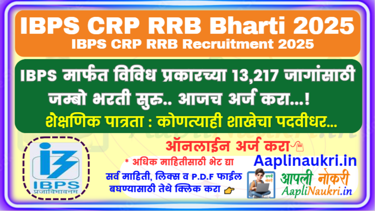 IBPS CRP RRB Bharti 2025 : IBPS मार्फत विविध प्रकारच्या 13,217 जागांसाठी जम्बो भरती सुरु.. आजच अर्ज करा...!