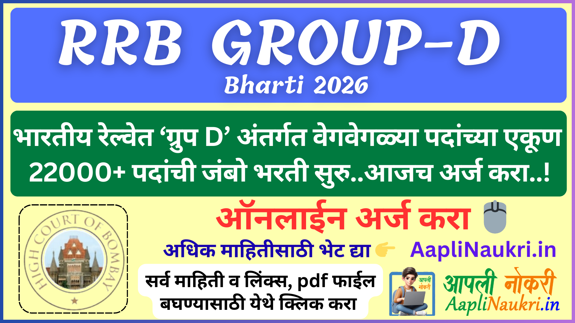 RRB Group D 2026 / भारतीय रेल्वेत ‘ग्रुप D’ अंतर्गत वेगवेगळ्या पदांच्या एकूण 22000+ पदांची जंबोभरती सुरु..आजच अर्ज करा..!