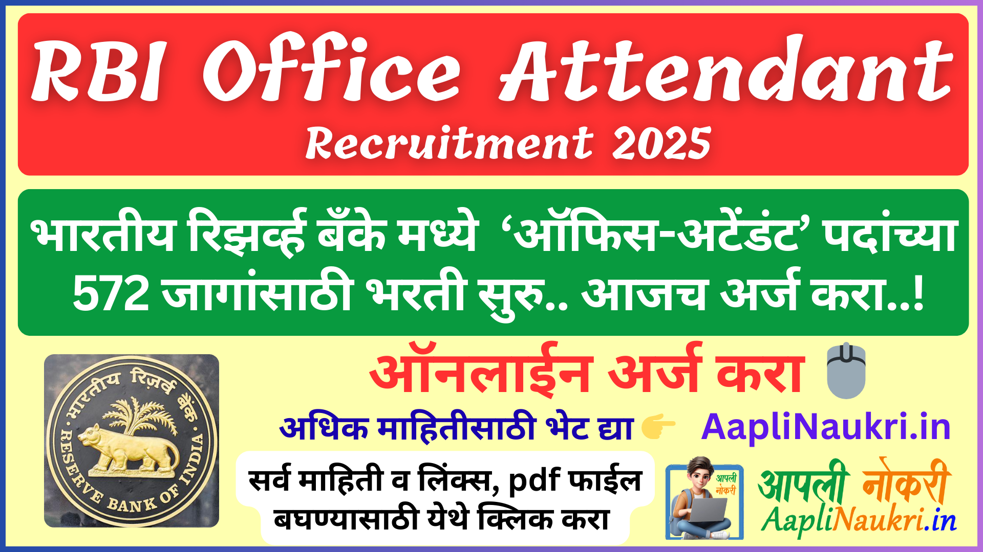 RBI Office Attendant Recruitment 2026 : भारतीय रिझर्व्ह बँके मध्ये 'ऑफिस अटेंडंट' पदांच्या 572 जागांसाठी भरती सुरू.. आजच अर्ज करा !