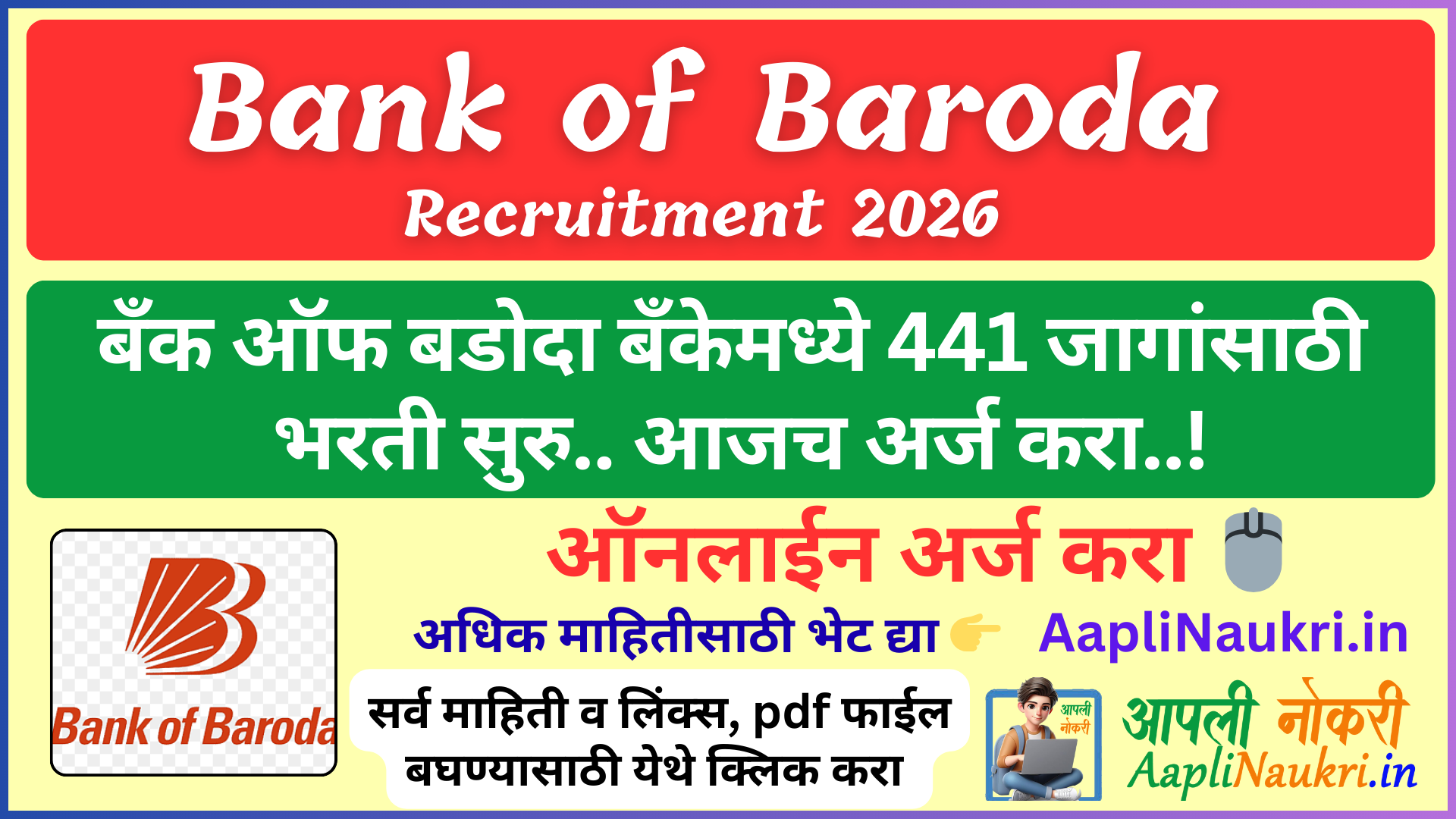 Bank of Baroda Recruitment 2026 : बँक ऑफ बडोदा मध्ये 441 जागांसाठी भरती सुरु.. आजच अर्ज करा...!