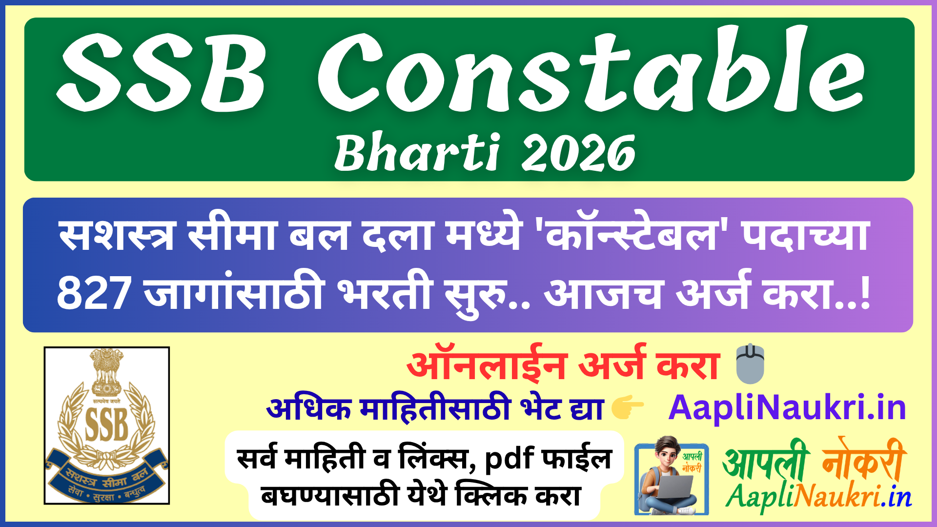 SSB Constable Bharti 2026 : सशस्त्र सीमा बल दला मध्ये 'कॉन्स्टेबल' पदाच्या एकूण 827 जागांसाठी भरती सुरु.. आजच अर्ज करा..!
