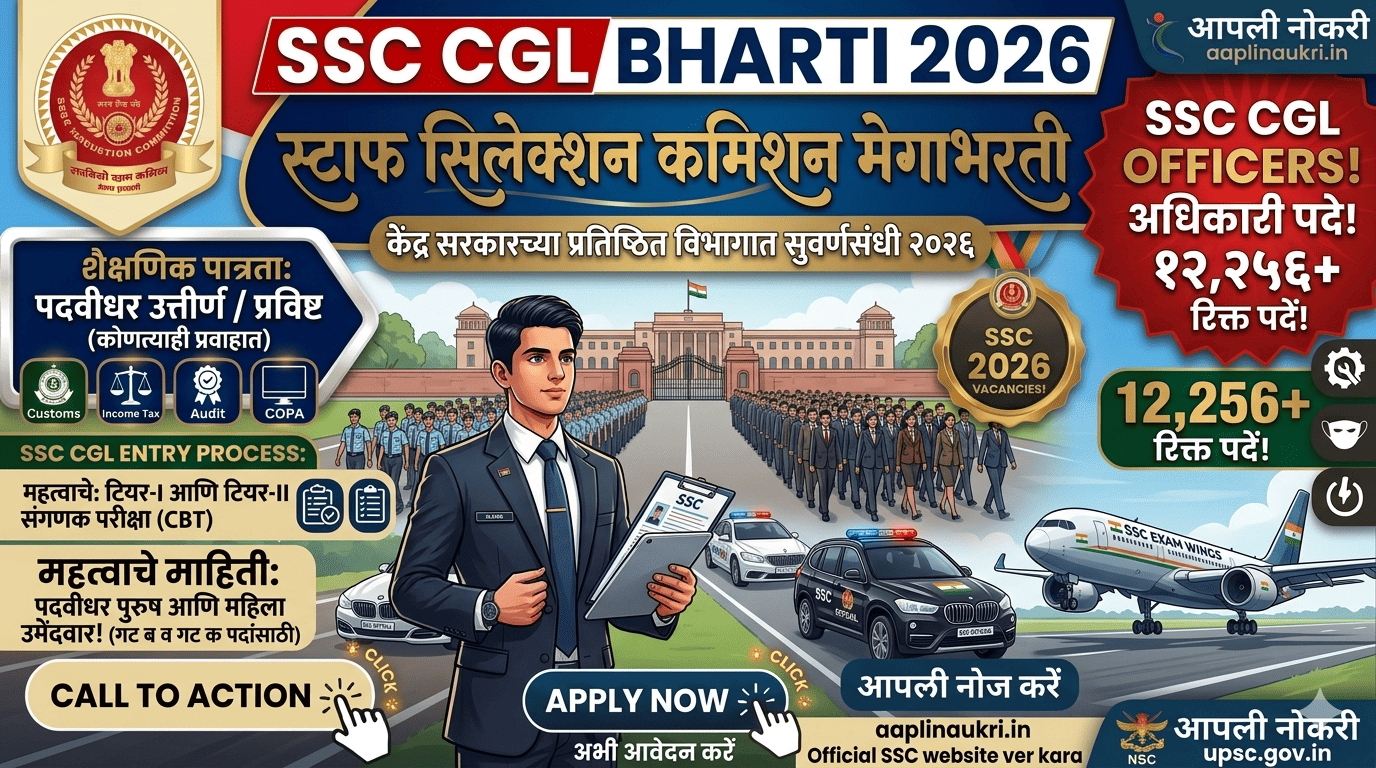 SSC CGL Bharti 2026 : स्टाफ सिलेक्शन कमिशन मार्फत 12,256 जागांसाठी मेगा भरती सुरु..आजच अर्ज करा...!