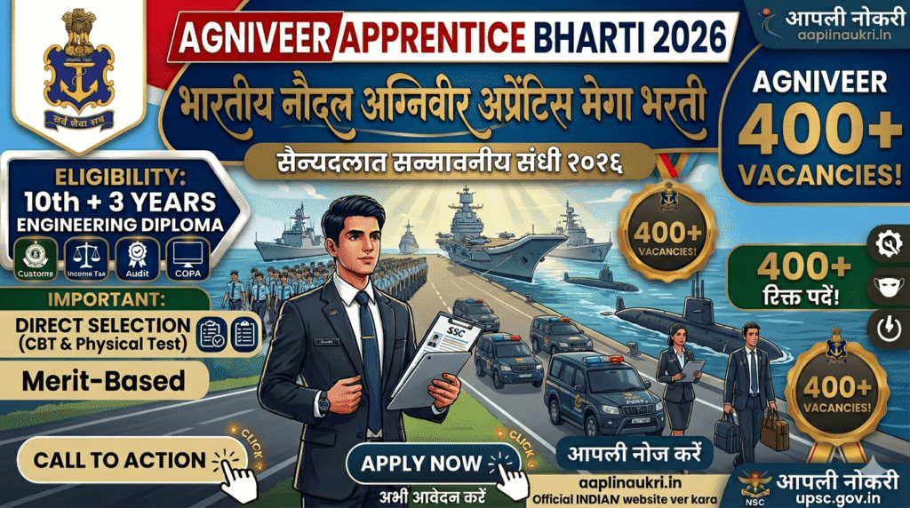 Indian Navy Agniveer Apprentice Bharti 2026 : भारतीय नौदला मध्ये 'अग्निवीर-अप्रेंटिस' पदांची भरती सुरु.. आजच अर्ज करा...!