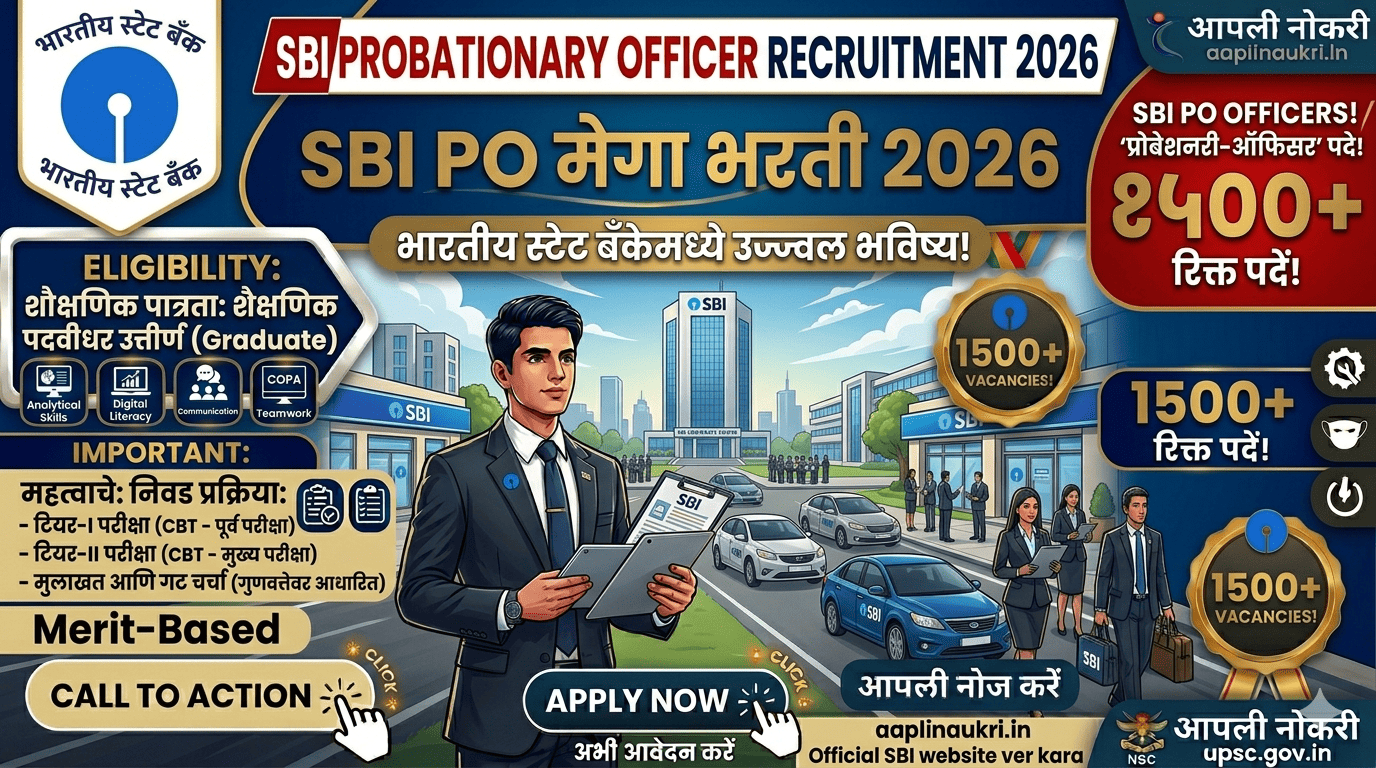 SBI PO Bharti 2026 : भारतीय स्टेट बँकेमध्ये ‘प्रोबेशनरी-ऑफिसर’ पदाच्या 1500 जागांसाठी भरती सुरु.. आजच अर्ज करा...?
